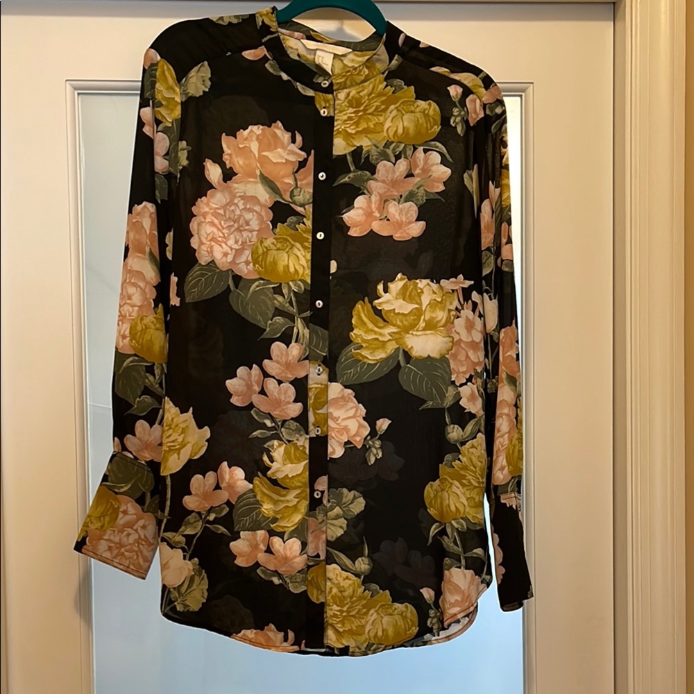 Multicolored Mandarin Collar Long Sleeve Button Down Blouse
